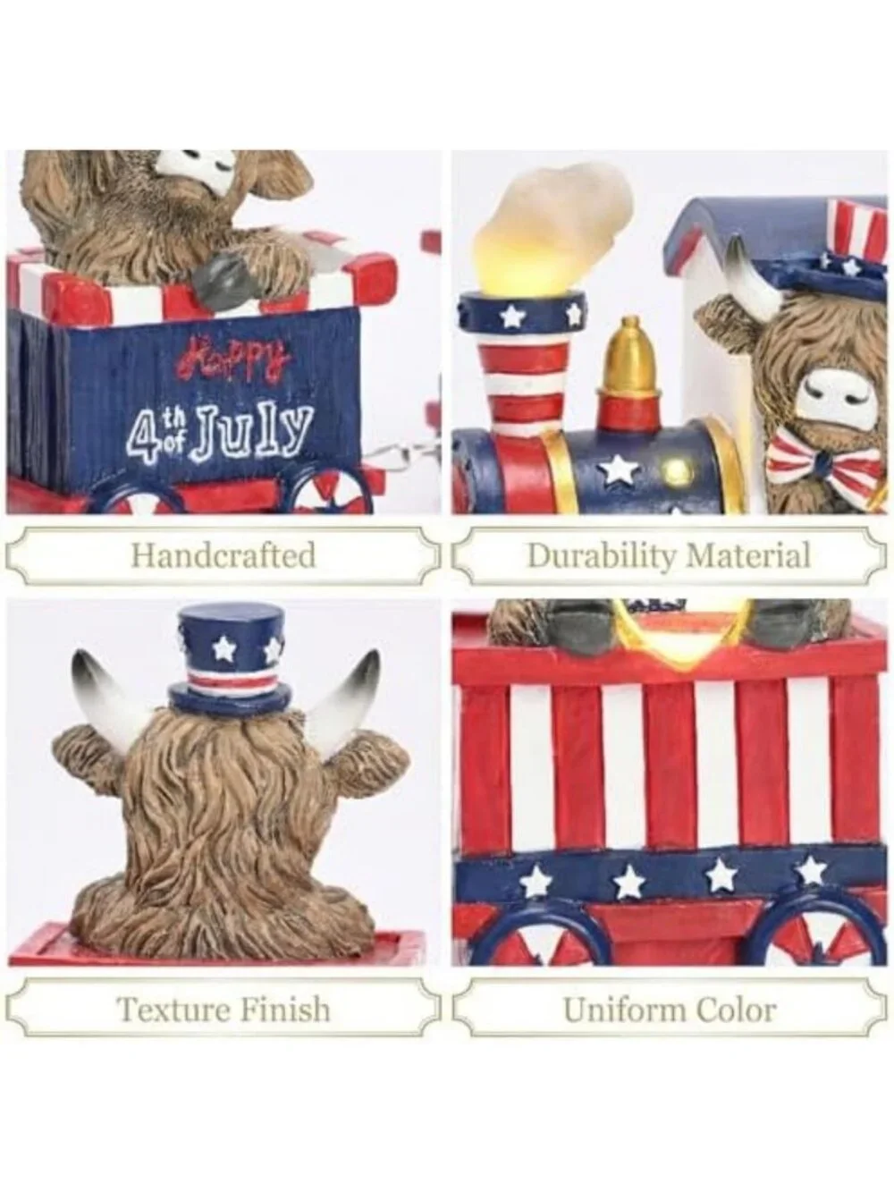 Patriotic 4th of July Highland Cow Train Decor - LED Lighted Home Decorations